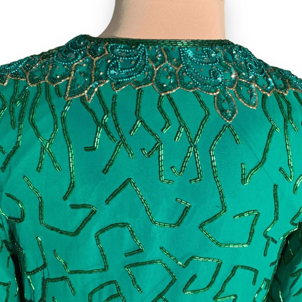 Vintage Razzle Dazzle Emerald Green Silk Beaded Open Front Evening Jacket - Picture 6 of 9